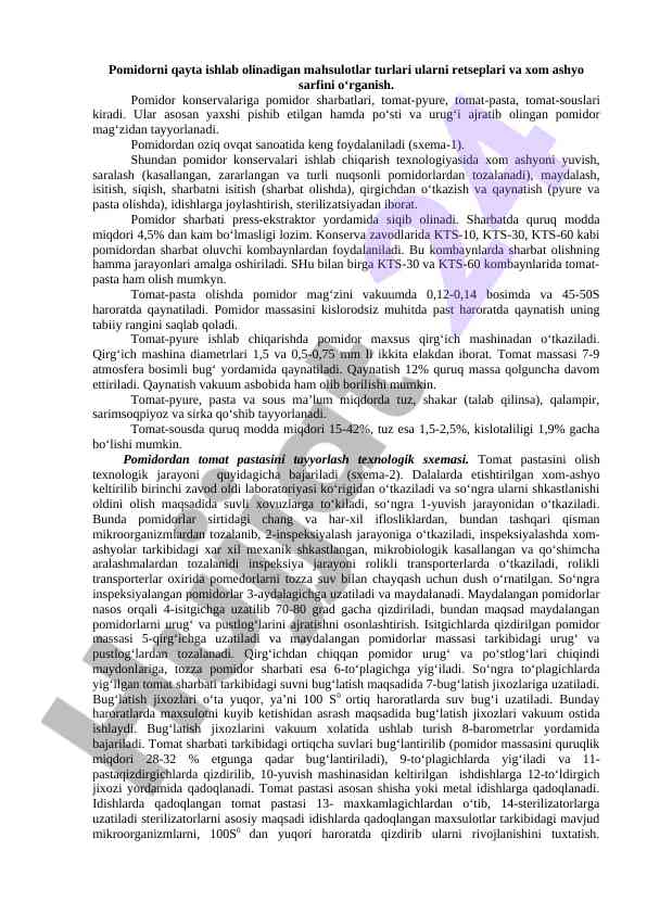 Pomidor mahsulotlari tayyorlash texnologiyasi