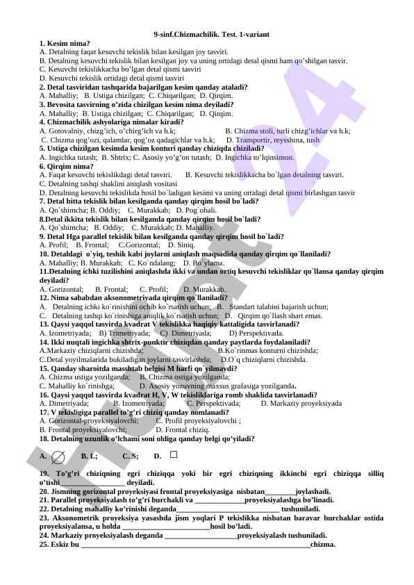 Chizmachilik testi 9-sinf 1-variant
