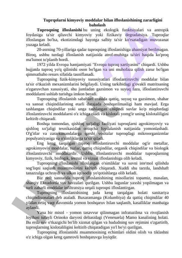 Tuproqlarni kimyoviy moddalar bilan ifloslanishi