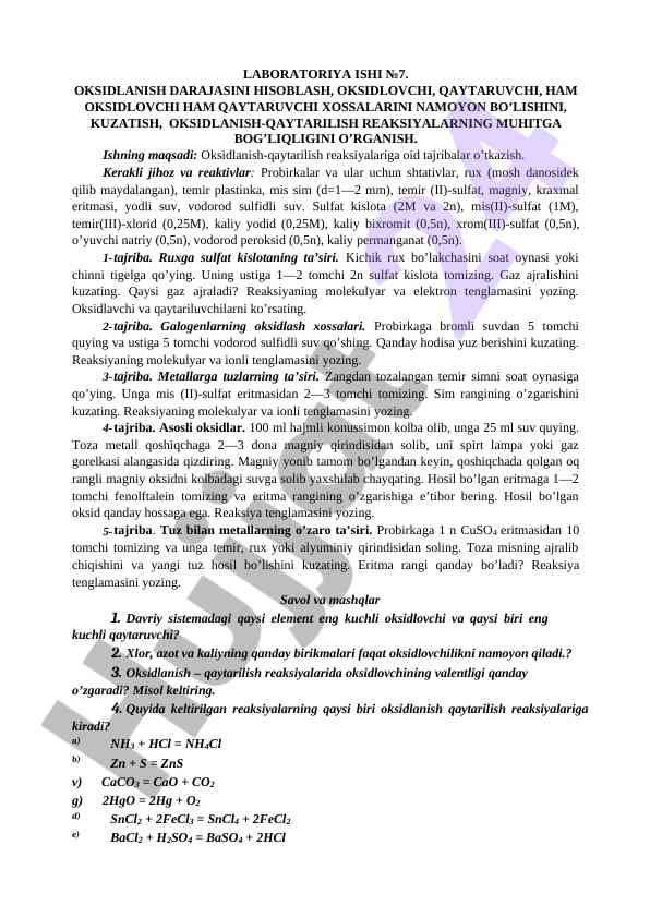 Oksidlanish darenjasini hisoblash tajribasi