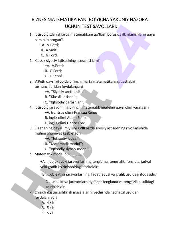 Buznes matematika fani bo’yicha yakuniy nazorat