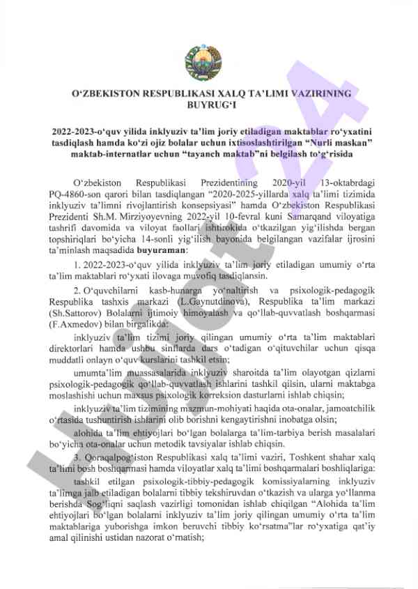 2022-2023 o‘quv yilida inklyuziv ta’lim joriy etish
