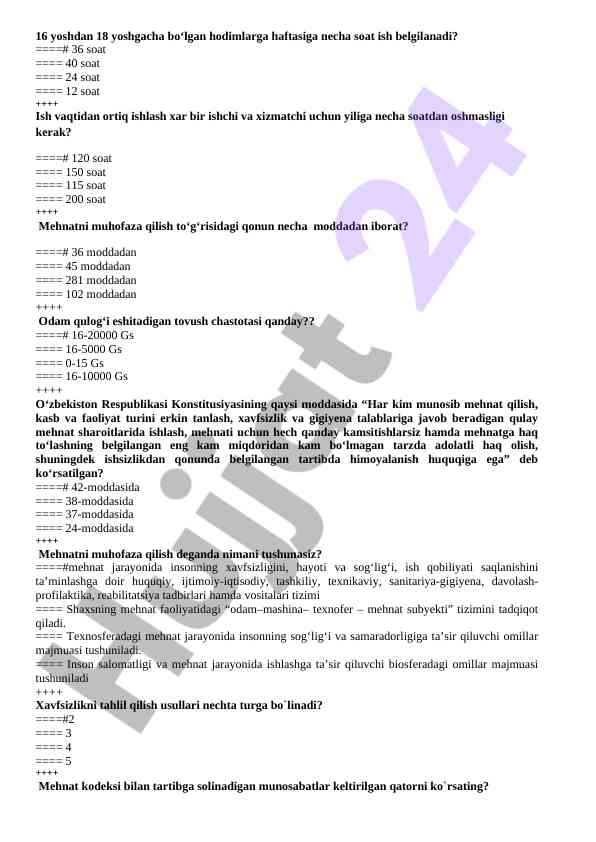 Mehnat qonunlari bo‘yicha test savollari