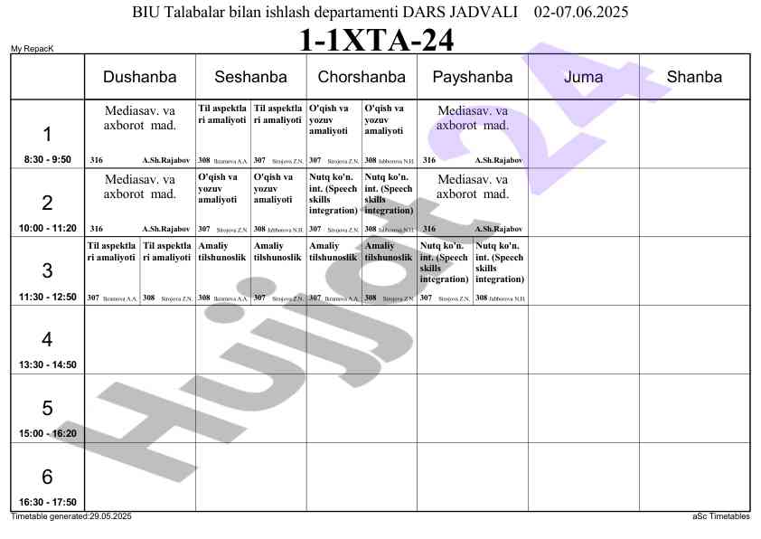 Til aspektlari amaliyoti timetable for students