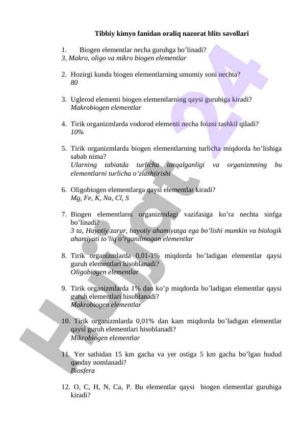 Tibbiy kimyo fanidan oraliq nazorat savollari