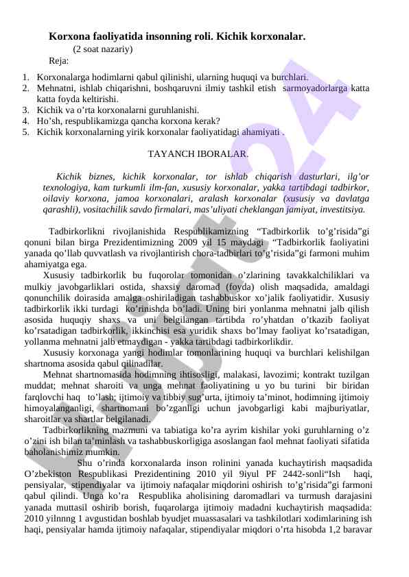 Kichik korxonalarda insonning roli va ahamiyati