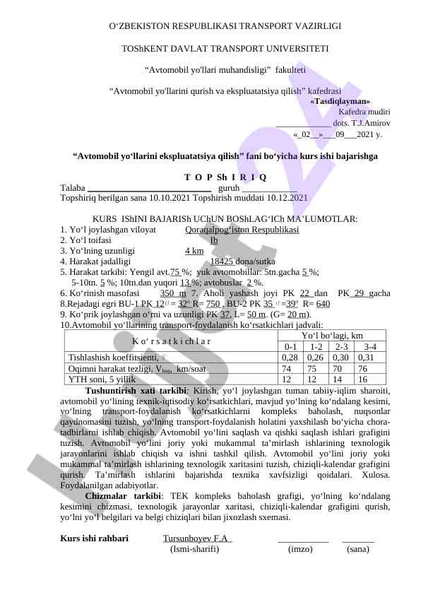 Avtomobil yo'llarini ekspluatatsiya qilish kurs ishlari