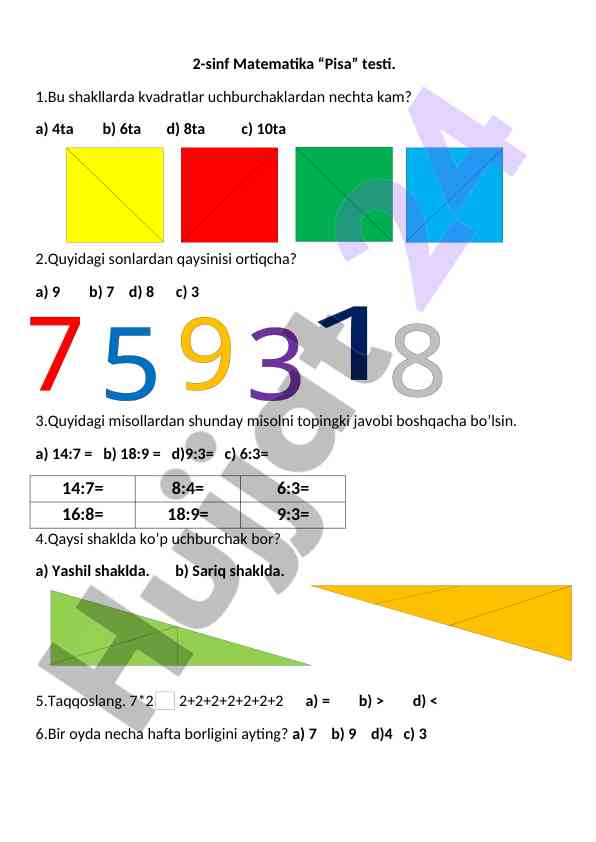 2-sinf matematika pisa testi savollari