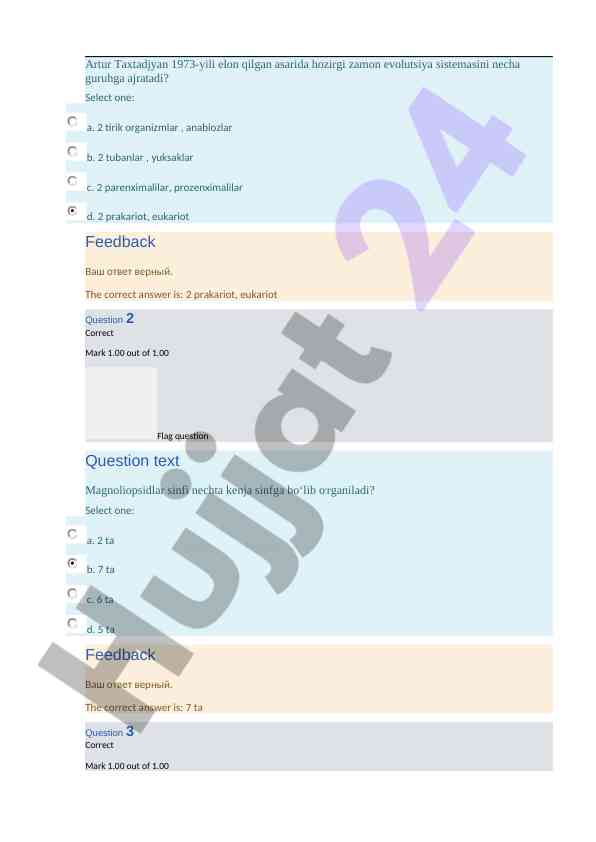 Biologiya test savollari va javoblari