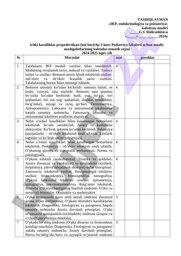 Amaliy mashgulotlar rejasi 2024-2025 o‘quv yili