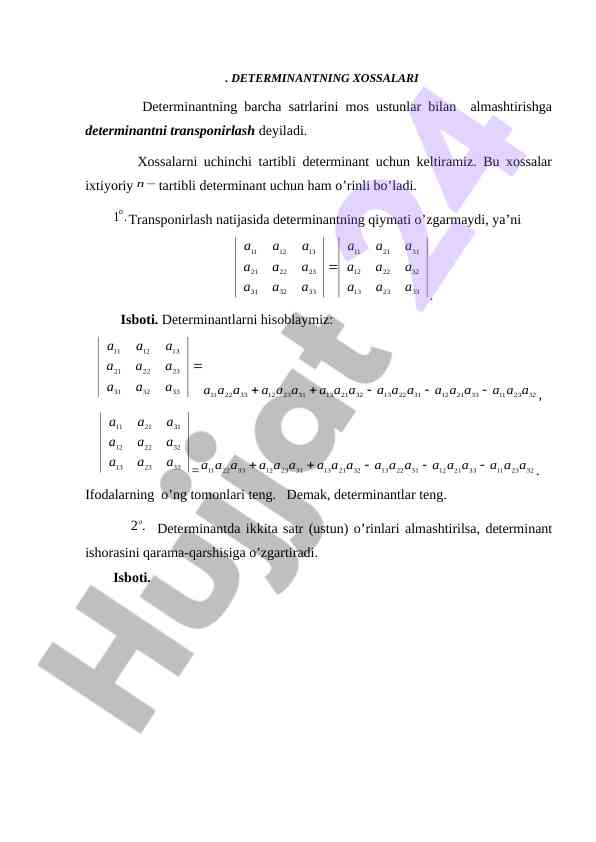 Determinantning xossalari va hisoblash
