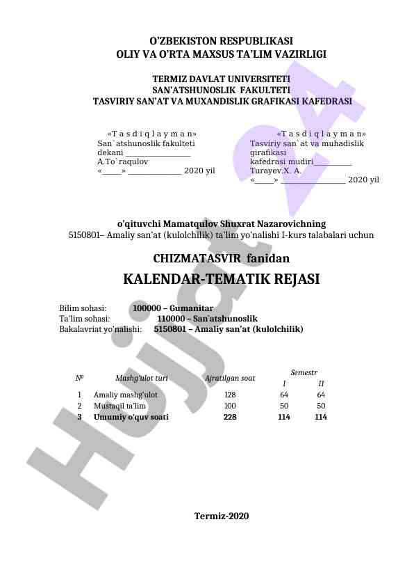 Chizmatasvir fanidan kalendar tematik rejasi