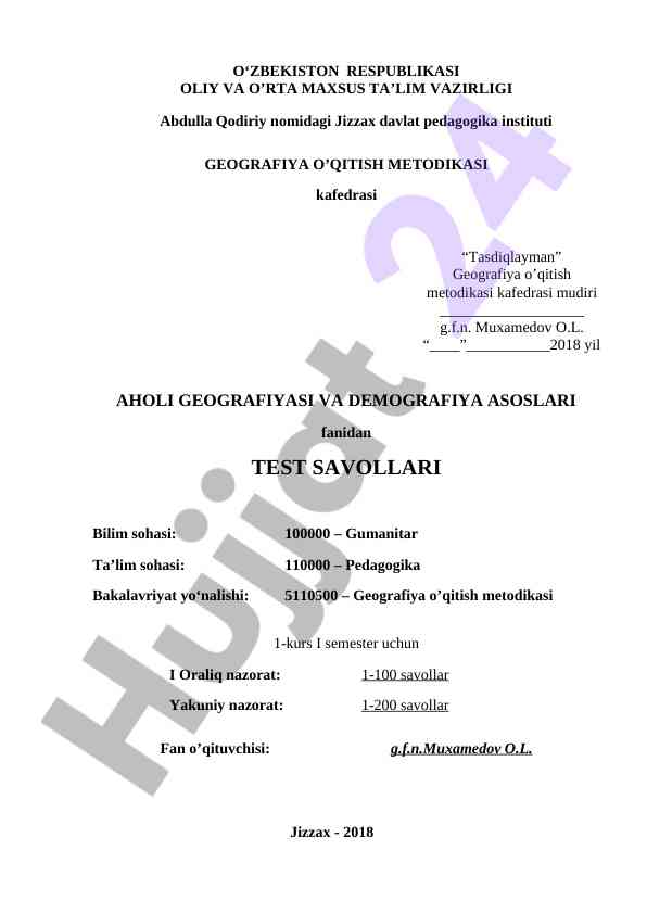 Aholi geografiyasi va demografiya asoslari test savollari