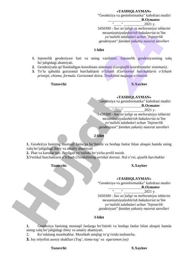 Injenerlik geodeziyasi fanidan nazorat savollari