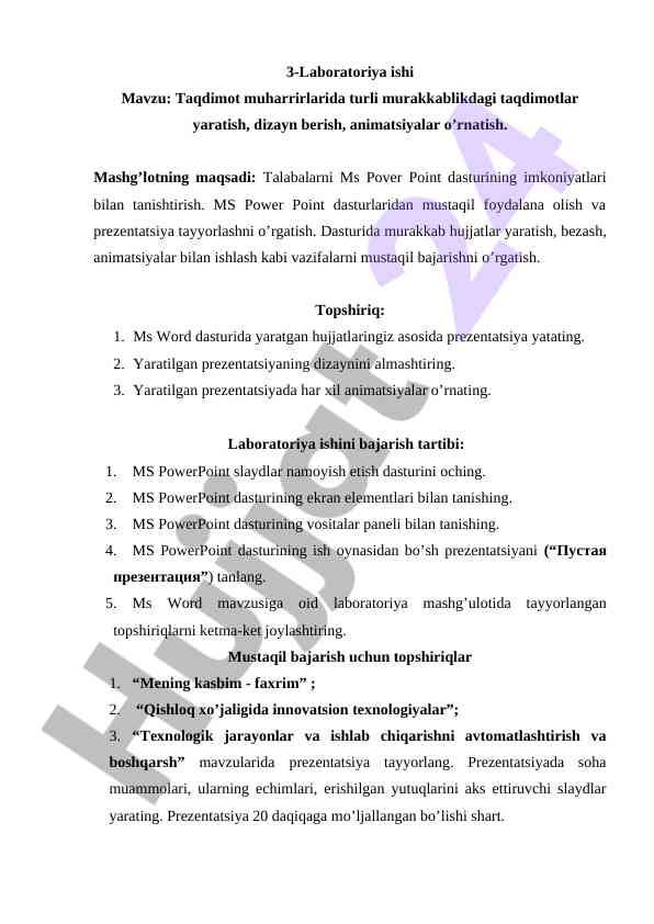 Ms powerpoint dasturi yordamida taqdimot tayyorlash