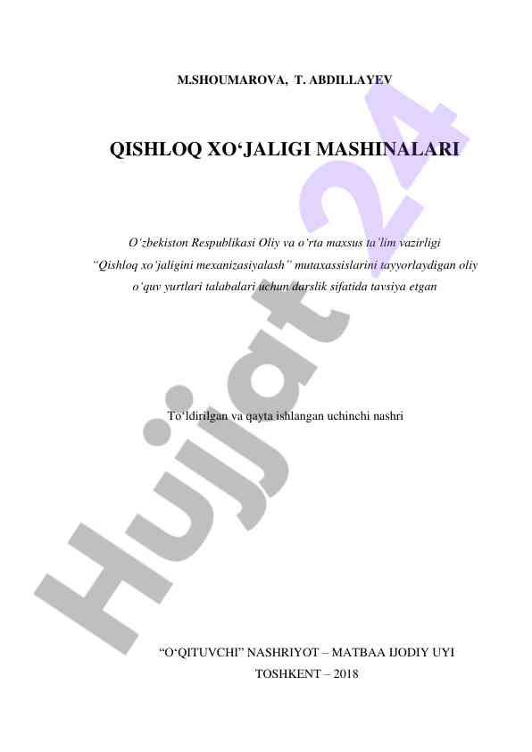 Qishloq xo‘jaligi mashinalari darsligi