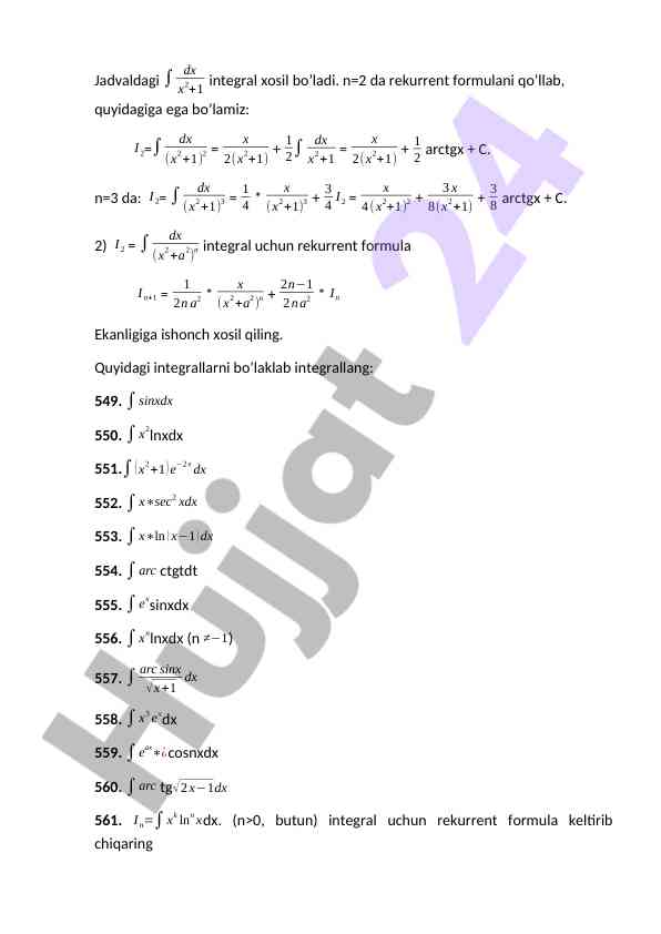 Integral rekurrent formulalari va integrallash