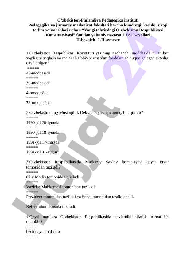 O‘zbekiston respublikasi konstitutsiyasi test savollari