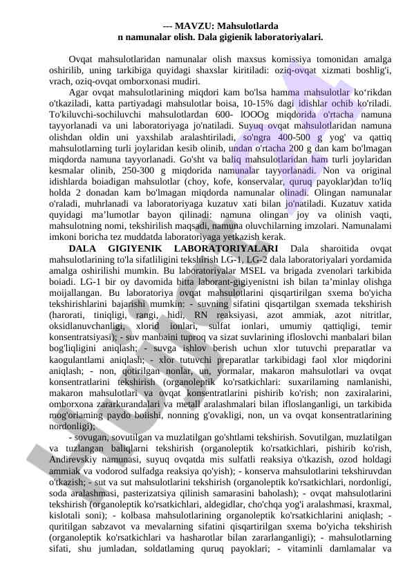 Mahsulotlardan namuna olish jarayoni tahlili