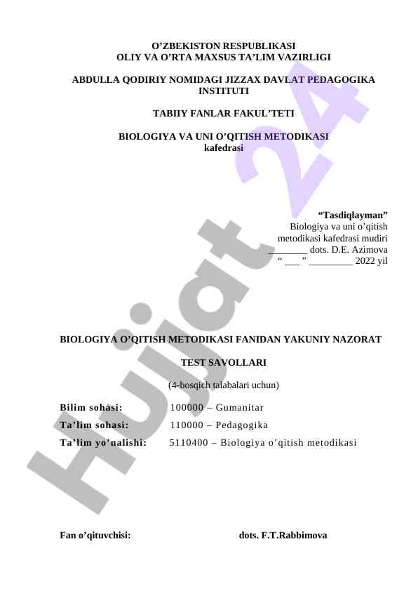 Biologiya o‘qitish metodikasi fanidan nazorat test