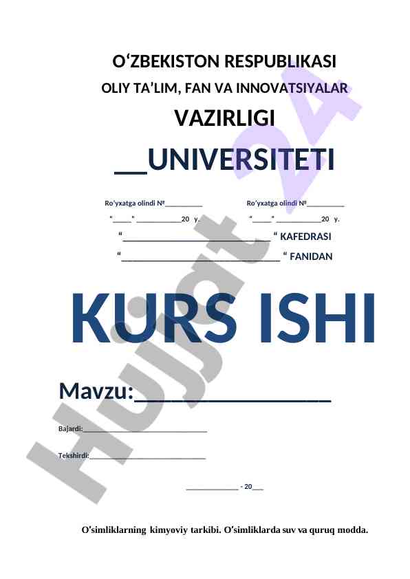 Osimliklarning Kimyoviy Tarkibi
