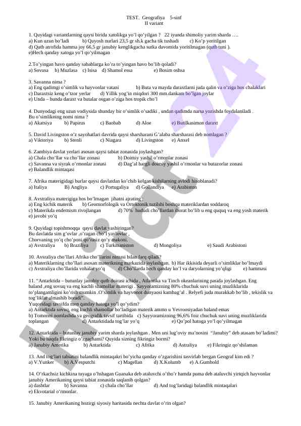 Geografiya 5-sinf ii variant savollari