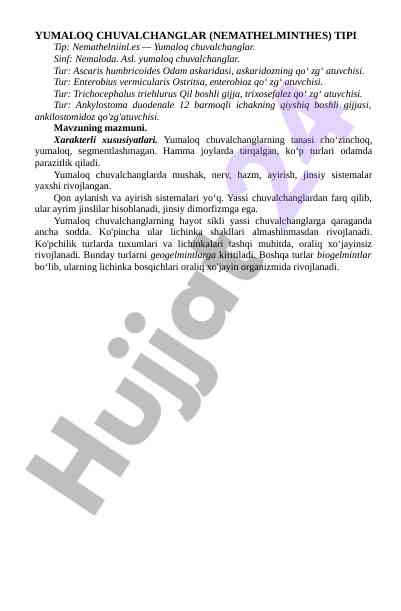 Yumaloq chuvalchanglar nemathelminthes tipe tahlili