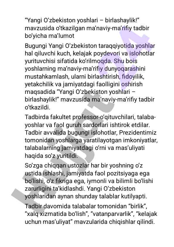 Yangi o‘zbekiston yoshlarida birlik va fidoyilik