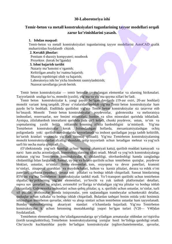 Temir-beton va metall konstruksiyalari laboratoriya ishlari