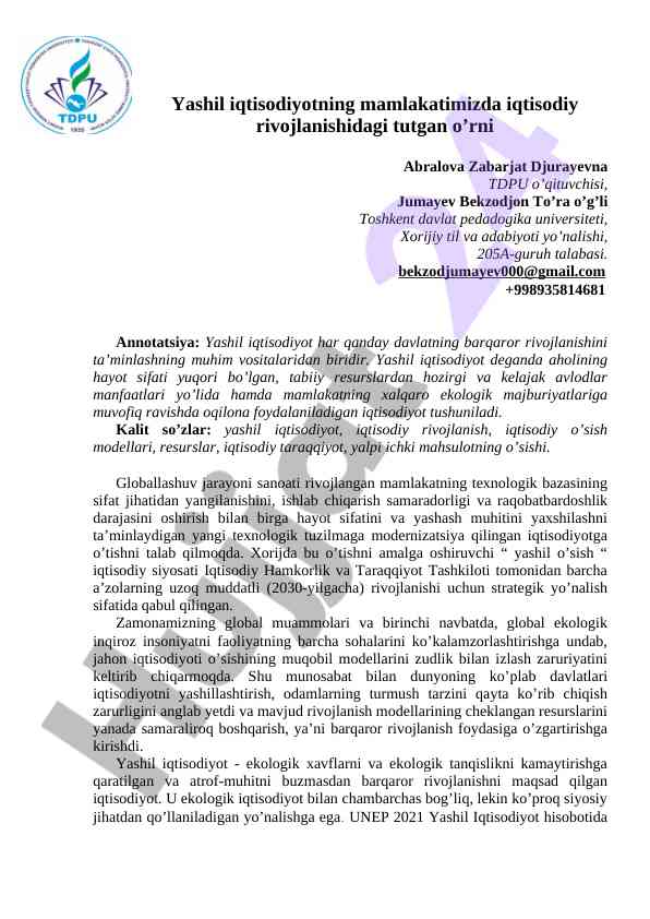 Yashil iqtisodiyot va iqtisodiy rivojlanish