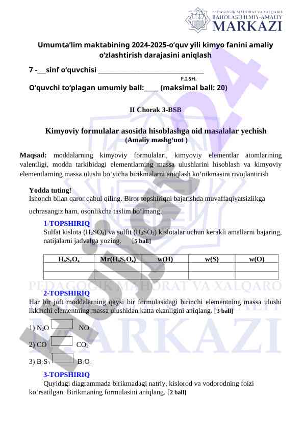 Kimyo fanini amaliy o‘zlashtirish bo‘yicha nazorat