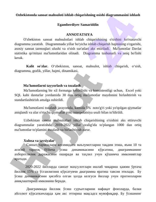 O'zbekistonda sanoat mahsuloti ishlab chiqarish diagrammasi