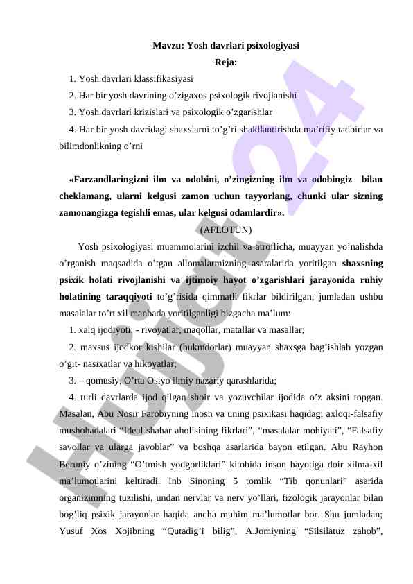 Yosh davrlari psixologiyasi va rivojlanish asoslari