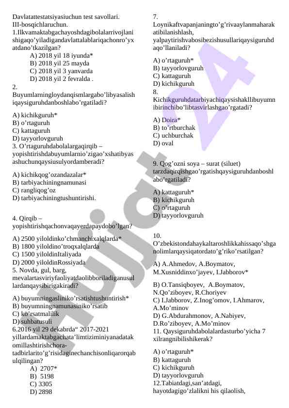 Davlat attestatsiyasi uchun test savollari