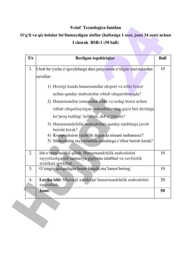 9-sinf texnologiya fanidan o‘quvchilar uchun topsiriqlar