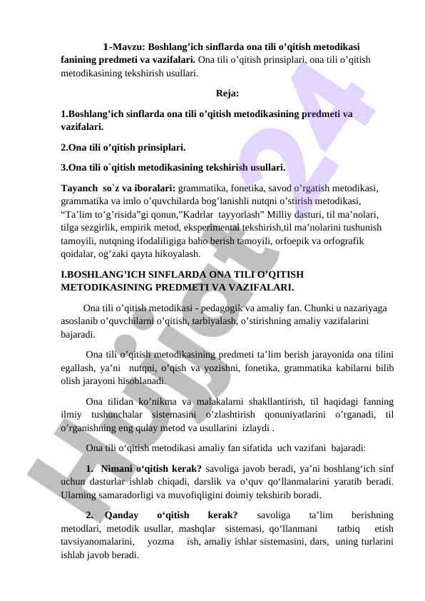 Ona tili o'qitish metodikasi fanining vazifalari