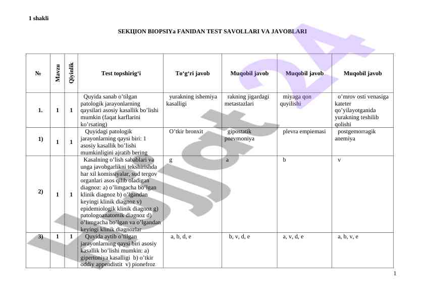 Sektsion biopsiya fanidan test savollari
