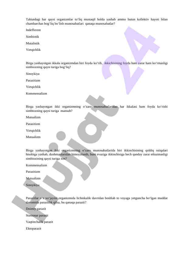 Tabiatdagi organizmlar o‘rtasidagi o‘zaro munosabatlar