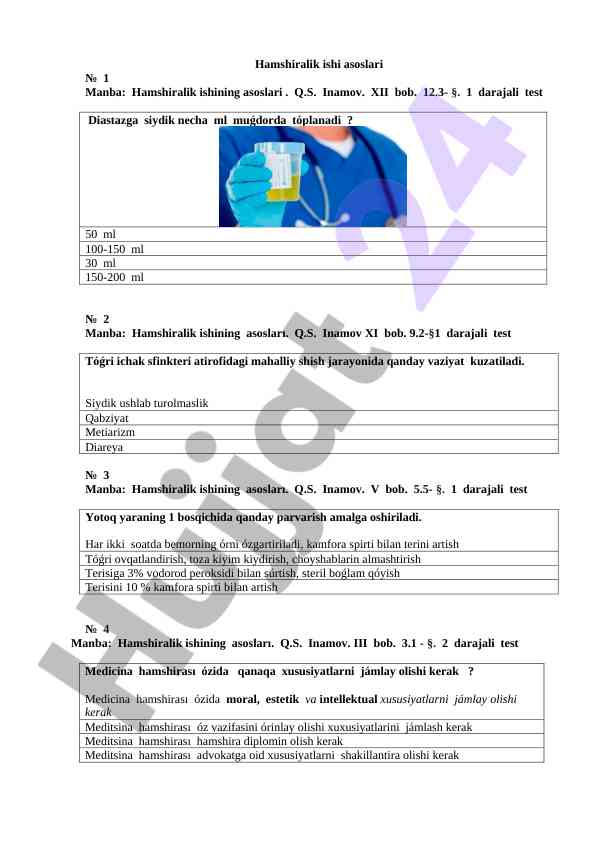 Hamshiralik ishining asoslari testlar