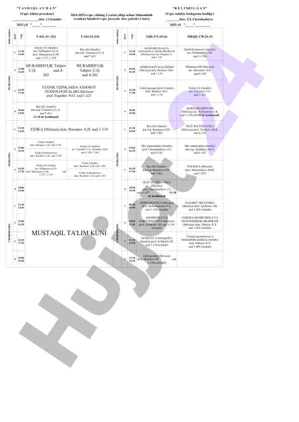 Muhandislik texnikasi fakulteti dars jadvali