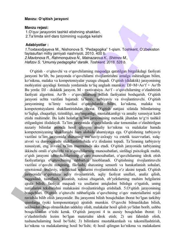 O‘qitish jarayoni: ta’lim tizimi va vazifalari