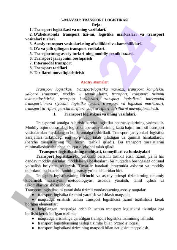 Transport logistikasi asoslari va turlari