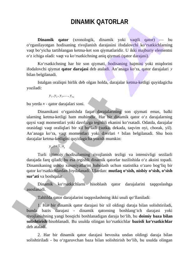 Dinamik qatorlar va ularning rivojlanish tezligi