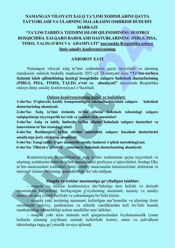 Xalqaro baholash dasturlari: ta'lim tizimini isloh qilish