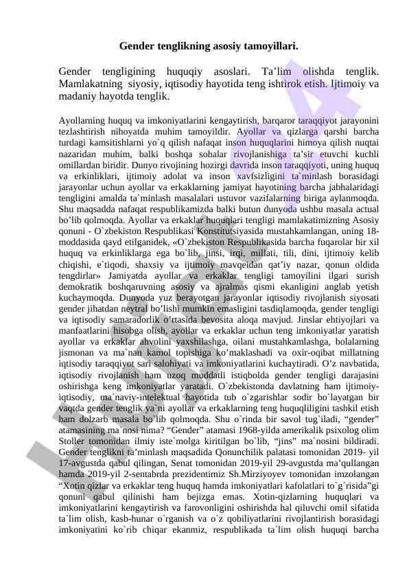 Gender tenglikning asosiy tamoyillari va huquqiy asoslari