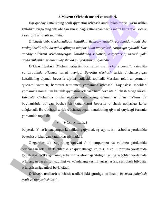 O’lchash turlari va usullari haqida umumiy ma’lumot