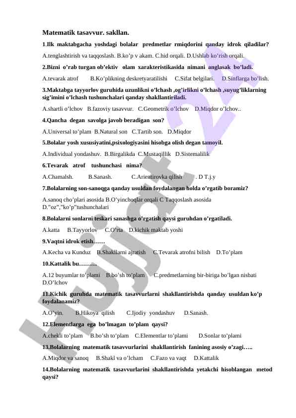 Bolalar uchun matematik tasavvur mavzusi