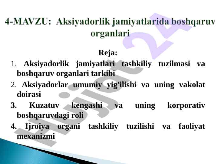 Aksiyadorlik jamiyatlari tashkiliy tuzilmasi va boshqaruv