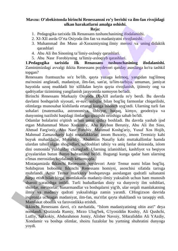 O’zbekistonda birinchi renessans va ilm-fan rivoji