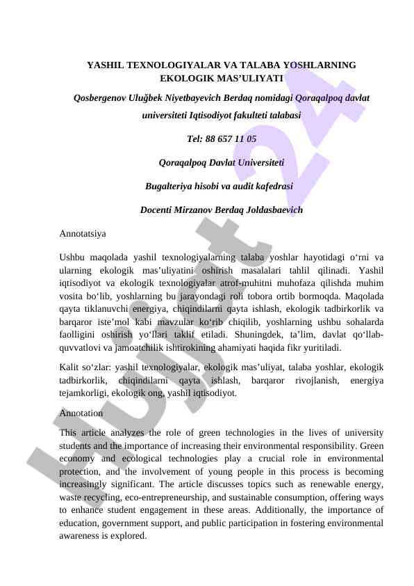 Yashil texnologiyalar va talaba yoshlarning ekologik mas’uliyati